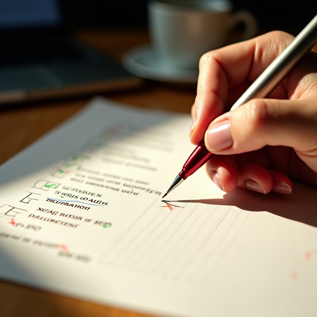 Close-up of a printed accessibility audit checklist with red and green markers, pen resting on paper on a wooden desk