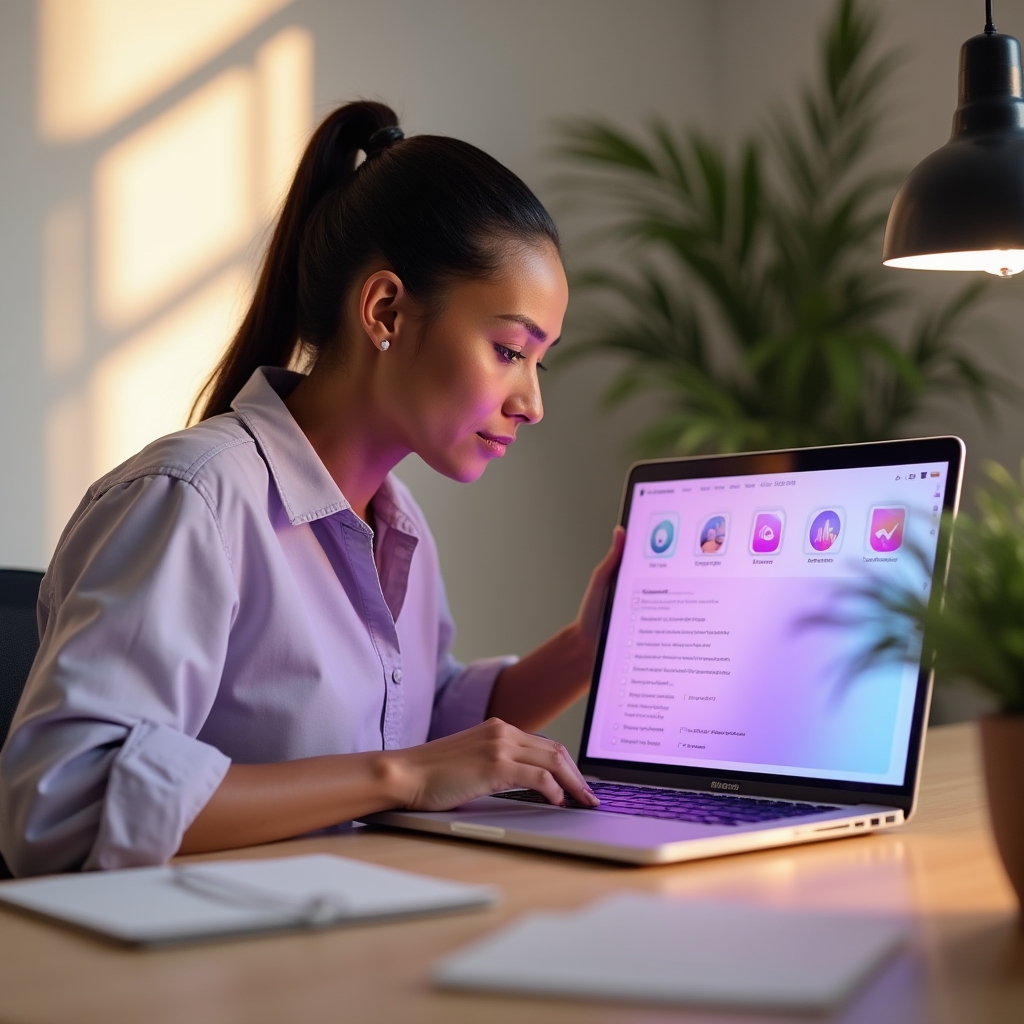 Small business owner reviewing website accessibility checklist on laptop at a clean modern desk