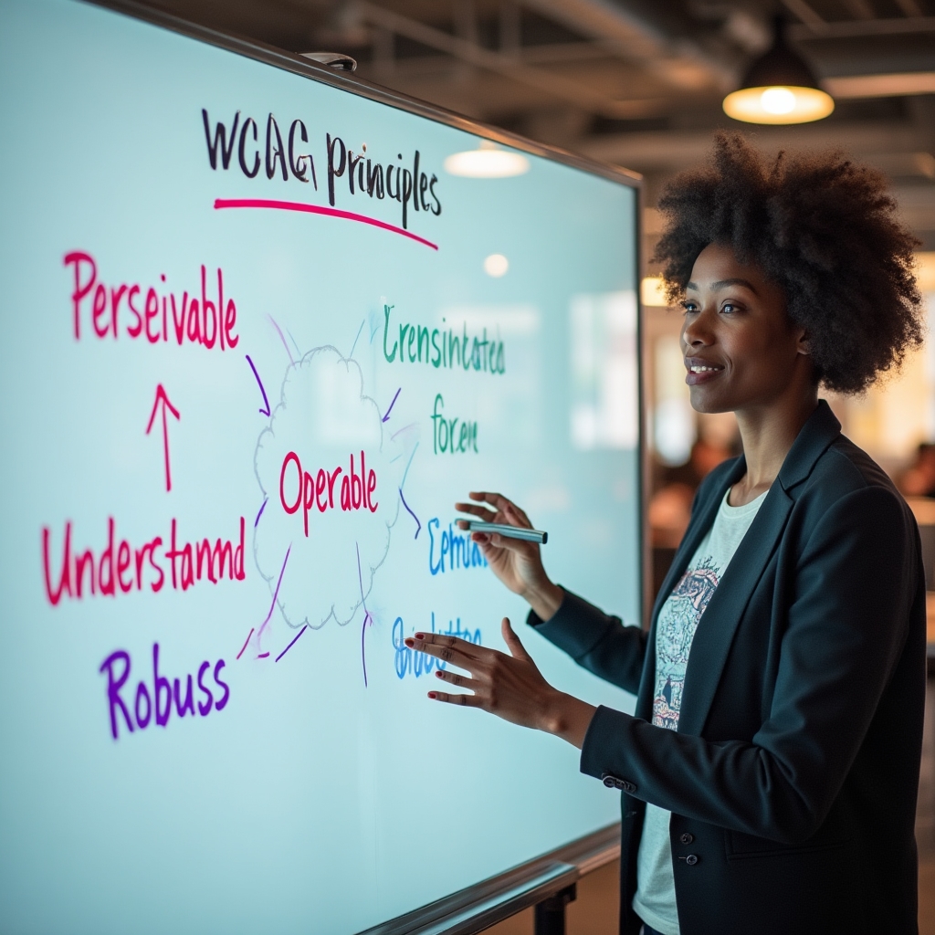 Whiteboard diagram showing the four WCAG principles — Perceivable, Operable, Understandable, Robust — drawn with colored markers in a bright modern office